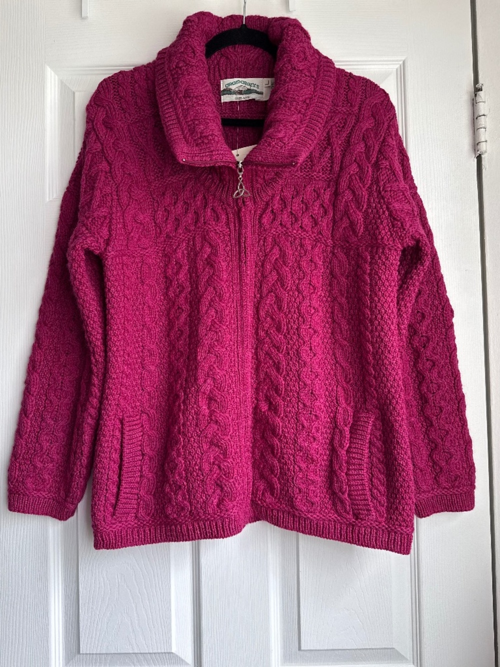 NWT Aran Crafts Ireland 100% Merino Wool Zip Cardigan Fuchsia Pink Size L